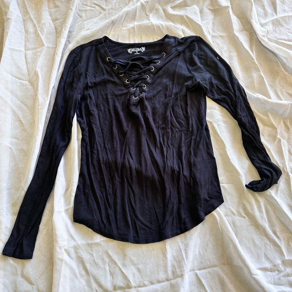 Mudd Black Lace-Up Long Sleeve Blouse